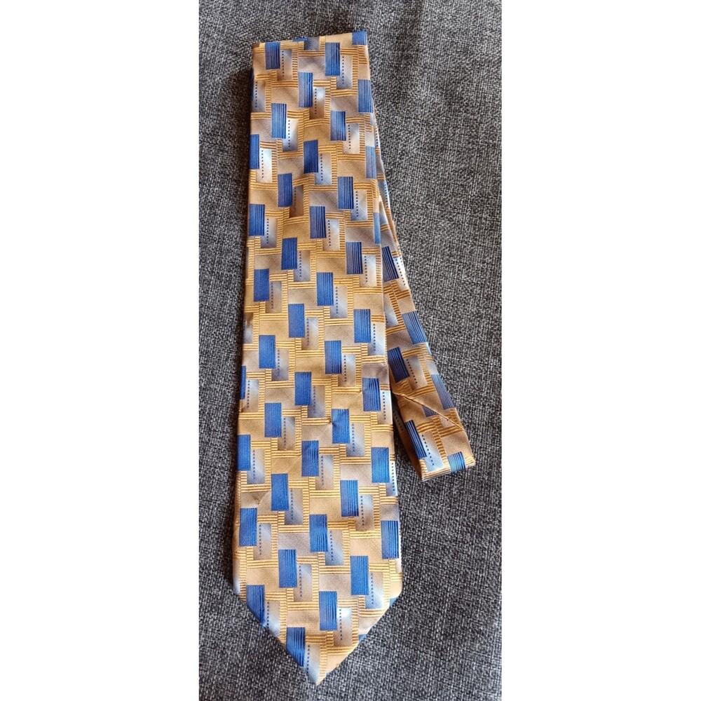 Dress Tie 70s 80s 90s Y2K Bachrach Yellow Gold Blue Geometric 3.75 Wide 57 Long